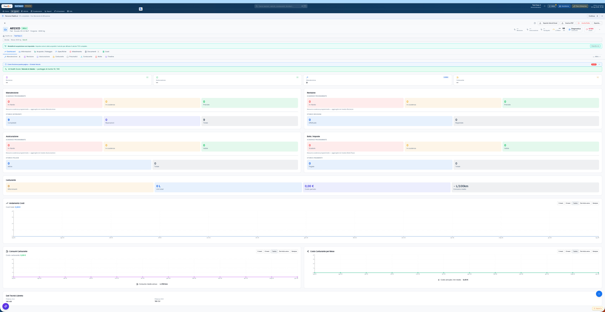 Dashboard veicolo FleetIn.ai — costi, manutenzioni programmate, scadenze assicurazione e revisione, consumi carburante